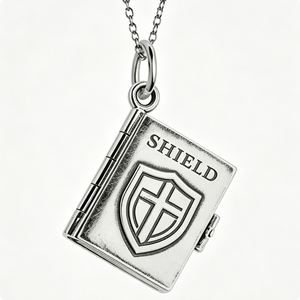Pendentif rectangulaire en alliage de zinc plaqué argent avec emblème de bouclier et motif gravé en croix pour souvenir religieux - Product Image 1