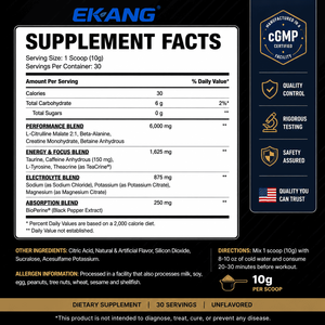 EKANG US cGMP Factory Pre-Workout Powder <b>Supplement</b> 10.58 OZ (300G) Unflavored Energy Focus Performance Sports Nutrition - Product Image 2