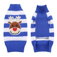 Pull tricoté rayé pour animaux de compagnie avec applique renne de Noël, col montant, bord côtelé, en acrylique, pour chiens de petite et moyenne taille (XS), hiver, rouge et bleu