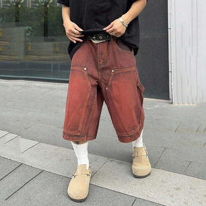 <span class=keywords><strong>Bermuda</strong></span> Baggy Homme en Denim Rouge Rétro Lavé, 100% Coton Peigné de Haute Qualité, Respirant, Brodé, Taille Haute, Braguette Zippée - Product Image 2