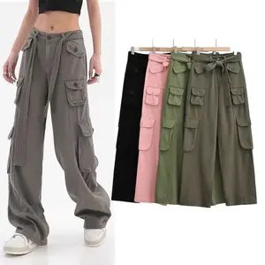 Pantaloni da jogging a gamba larga con gioco solido kaki a vita bassa pantaloni Cargo larghi da donna pantaloni Cargo Casual da pista neri da donna