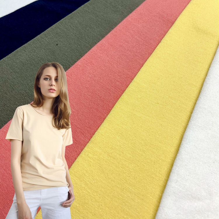 Фабричный производитель, 95% вискоза, 5% стрейч, крученая трикотажная однотонная вискоза, одинарная трикотажная ткань для футболок