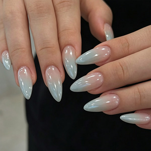 Faux ongles longs en amande à presser, dégradé bleu français, avec pointes brillantes et scintillantes, réutilisables, pour le nail art, idéaux pour les fêtes, vente en gros - Product Image 1
