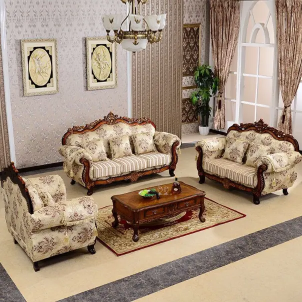 Uropean-sofá tallado de madera para sala de estar, juego de sofá de tela barato de lujo clásico, 123