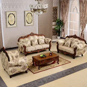 Europäische klassische Luxus Holz geschnitzte Sofa Set Holz schnitzerei Wohnzimmer Chesterfield billige Stoff Sofa Set 123