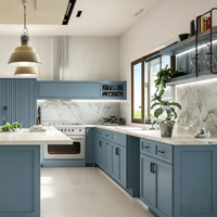 Portes en MDF gris anthracite style Shaker avec finition peinte mate, armoire de cuisine modulaire sur mesure avec îlot et plan de travail en marbre