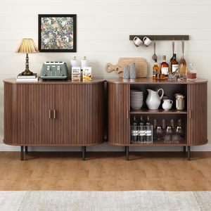 Buffet demi-circulaire SENYU de style nordique du milieu du siècle, couleur noyer, avec grain vertical, double porte, meuble de rangement vintage pour entrée - Product Image 4
