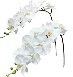 Hastes De Orquídea Flores Artificiais Real Touch Látex Faux Phalaenopsis Ramos 9 Grandes Flores 28 Polegadas 2pcs Branco