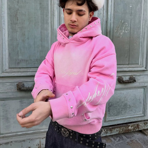 Unisex Black Hooded <b>Sweatshirt</b> Acid Wash Rhinestone Eco-Friendly <b>Vintage</b> Streetwear Style Oversized Fit Regular Sleeve Knitted - Product Image 4