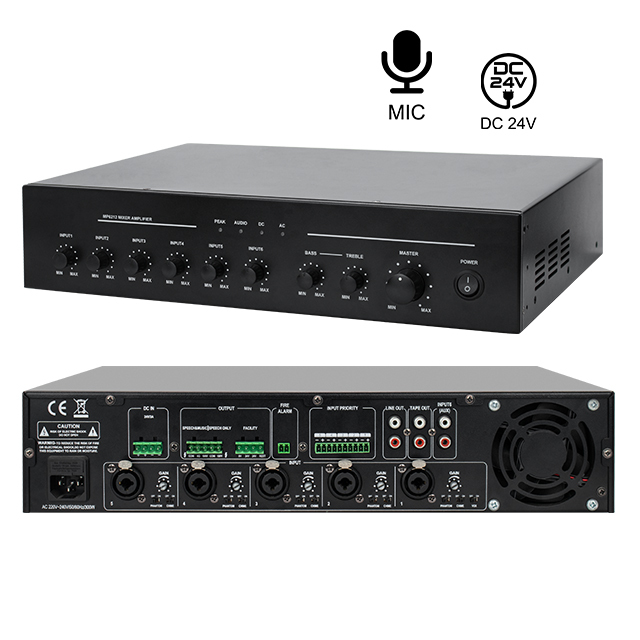 2 Zone Output 5 Mic Input Amplifier with Phantom Power DC24v 60w 120w 240w 8ohm 100v pa Priority Mixer Amplifier