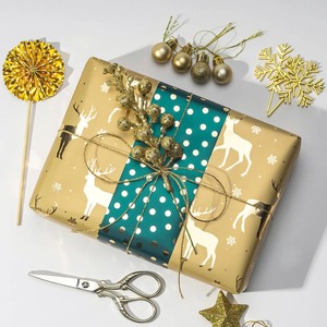 Eco-Friendly Recyclable Custom Metallized Art <b>Paper</b> Gift <b>Wrap</b> <b>Roll</b> Reindeer Polka Dot Pattern Gold Stamp Double-Sided Packaging - Product Image 4