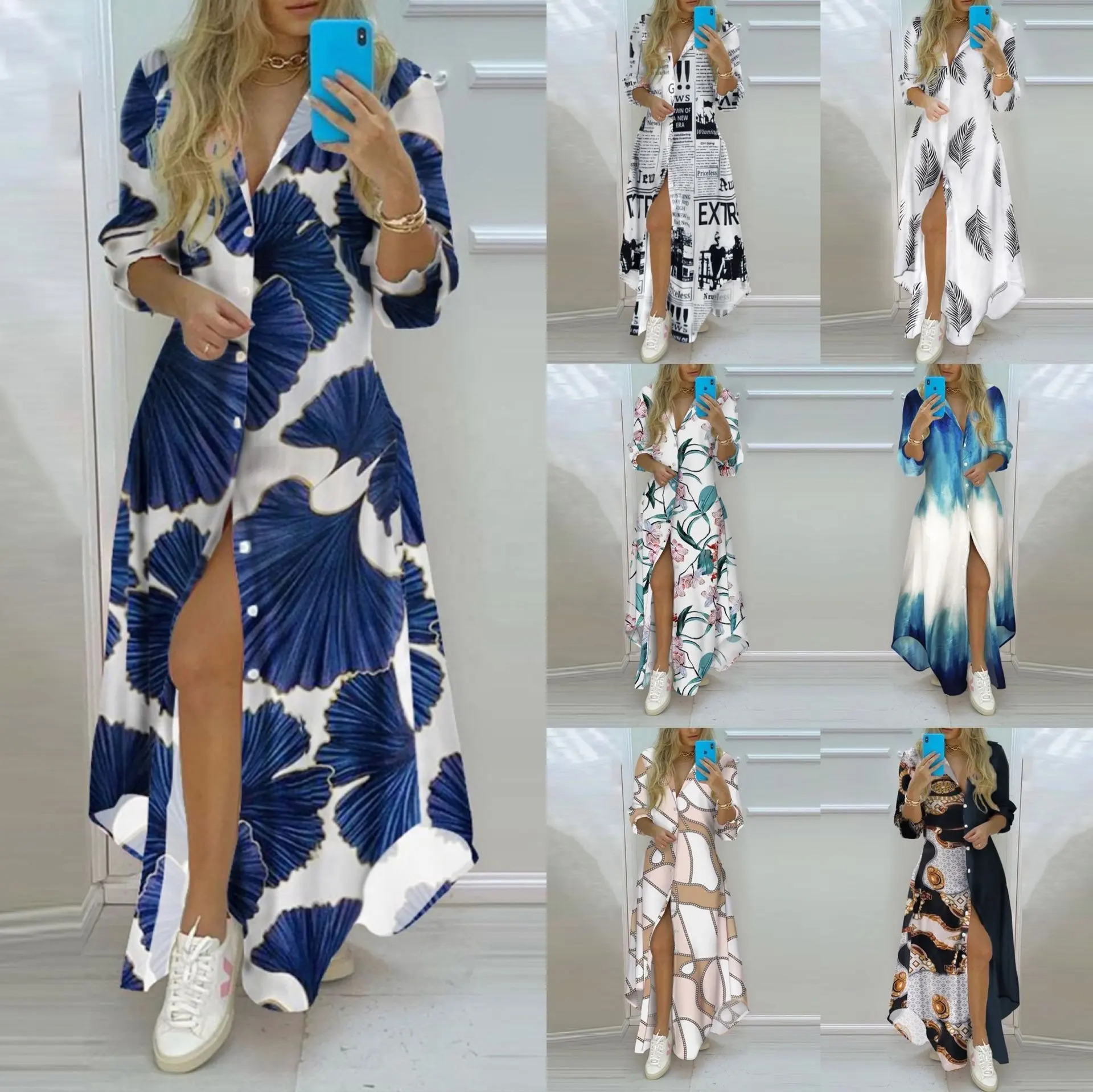 Women Elegant Lapel Neck Button Down Dress 2022 Summer Letter Print Long Shirt Dress Casual Long Sleeve Lady Party Dress Vestido