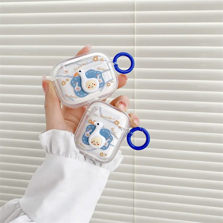 Casing pelindung ponsel Airpods 1 2 3 Pro, casing pelindung ponsel bebek wajah tersenyum kartun 3D lucu cincin gesper biru TPU transparan lembut