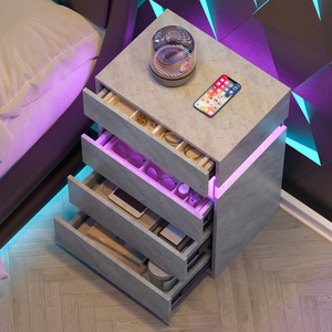Nightstand With <b>LED</b> Lights 4 Drawers Modern Style Grey <b>Bedside</b> <b>Table</b> - Product Image 4