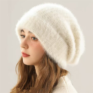 <span class=keywords><strong>Bonnet</strong></span> en laine tricoté haut de gamme pour <span class=keywords><strong>femme</strong></span>, en fourrure de lapin jacquard, avec boutons, collection automne/hiver, design qui affine le visage, pour tour de tête de 48-50 cm - Product Image 1