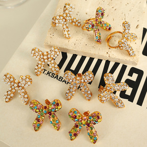 Bowknot <b>Stud</b> <b>Earrings</b> Stainless Steel Pearl Zircon 18K Gold Plated Party Jewelry Fashion Accessories - Product Image 1