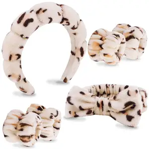 Makeup and Skincare Headbands, Leopard Sponge Hair Band Bow Tie Spa Headband for Washing Face Wristband Set Hair