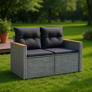 Sofá de Jardín de Madera de Acacia Sólida, Gris, con Ratán Sintético, Dos Plazas, Muebles de Exterior Duraderos, Diseño Contemporáneo - Product Image 2