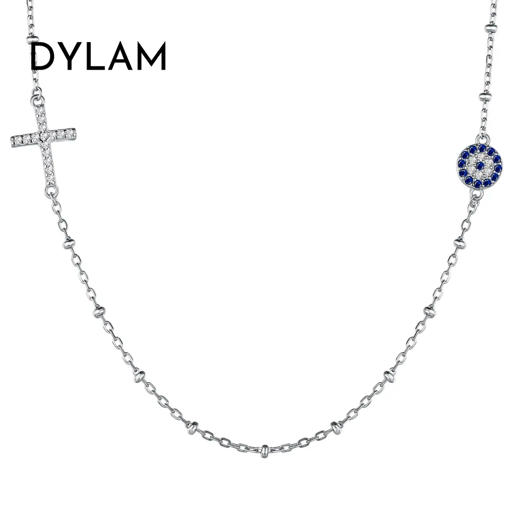 Dylam Blue Sapphire Cross Eye Necklace for Women Silver Link Chain Turkish Protection Amulet Luck Gifts Jewelry