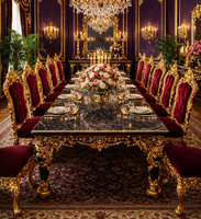Ensemble table et chaises de salle à manger extra longues en bois massif de style palais européen, table avec plateau en marbre, table pour 12 personnes