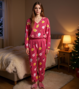 Pigiama in morbido pile da donna, invernale, a maniche lunghe, scollo a V, stampa cartoon, vestibilità ampia, lunghezza intera, vita elasticizzata, taglie forti - Product Image 2