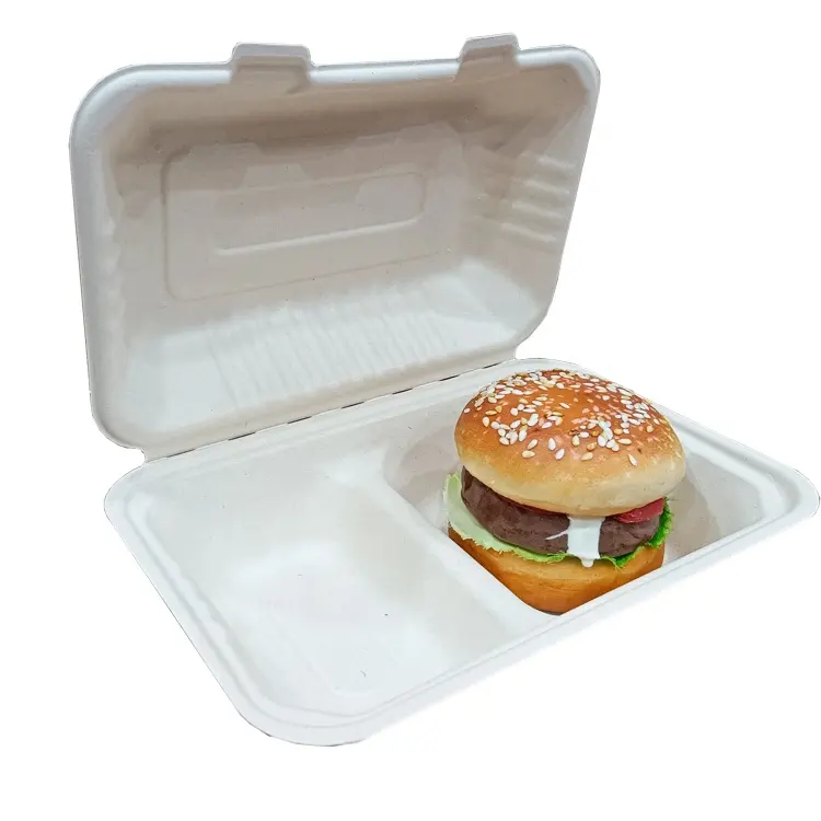 Contenitore per alimenti in bagassa a 2 scomparti Clamshell Take Out food 100% compostabile usa e getta per andare in bagassa lunch box