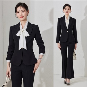 Women's Suit Set Black Formal Blazer With Bow <b>Tie</b> Flared Pants Spring Autumn Office Wear Anti-Wrinkle <b>Polyester</b> Fabric - Product Image 1