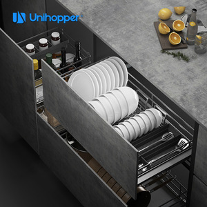 ตะกร้าแบบดึงออกได้ Unihopper สำหรับตู้ครัว ชั้นวางจานสองชั้น สแตนเลส ถอดออกได้ ที่เก็บของแบบมินิมอล - Product Image 1