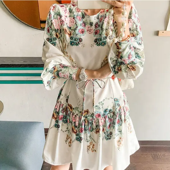 2022 Fall clothing ladies white elegant casual dress fashion floral printed long sleeve Korean dress