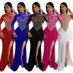 Envío rápido OuYaan Sexy sirena vestido de graduación manga larga malla Top abertura alta vestido de fiesta de Noche vestidos de mujer - Product Image 1
