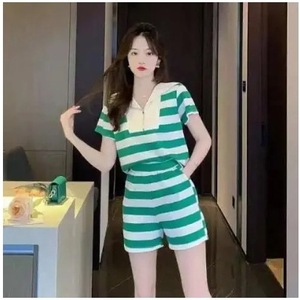 Women's Striped Sailor Collar Short Sleeve T-Shirt And Shorts Set Green White Knitted Casual Suit 2025 Summer New Style - Product Image 5