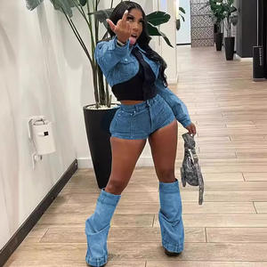 سترة نسائية طويلة الأكمام مرقعة مجموعة سراويل الدنيم <span class=keywords><strong>2</strong></span> قطعة - Product Image 1