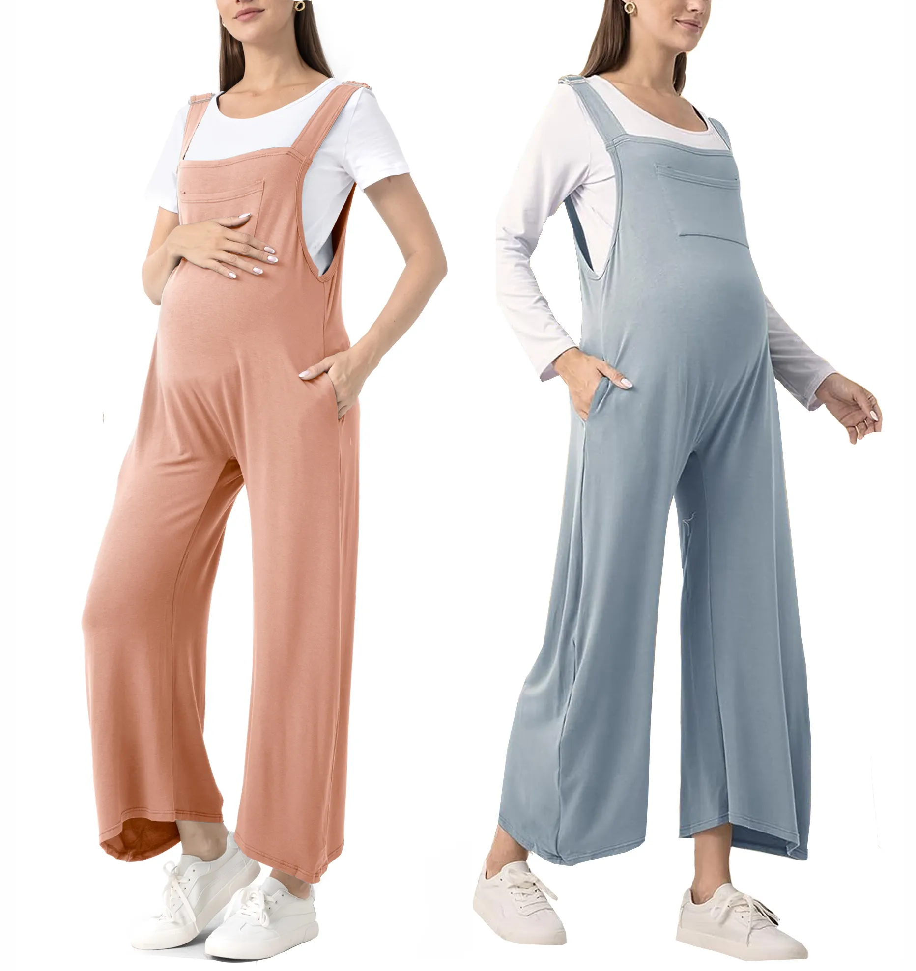 Jumpsuit ibu hamil, jumpsuit ibu hamil, baju overall kasual longgar kaki lebar dengan saku bisa disesuaikan, tali grosir