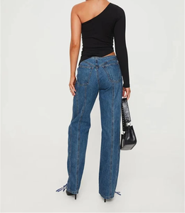 Jeans Larghi da Donna Bufa OEM Designer, Nuovi <span class=keywords><strong>Pantaloni</strong></span> Casual alla Moda <span class=keywords><strong>a</strong></span> <span class=keywords><strong>Vita</strong></span> <span class=keywords><strong>Bassa</strong></span> con Cerniera e Laccetti, Traspiranti ed Eco-Friendly, Eleganti - Product Image 4
