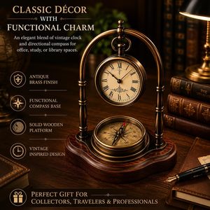 Leathervines Vintage Brass Desk <b>Clock</b> With Compass Solid Wood Base Traditional Tabletop Decor <b>Battery</b> Operated - Product Image 2