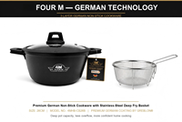 Casserole FourM 26 cm en granit noir antiadhésif, en fonte d'aluminium, avec couvercle en verre trempé, fond en acier inoxydable compatible induction, écologique