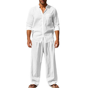 Costume sportif deux pièces en coton <span class=keywords><strong>et</strong></span> <span class=keywords><strong>lin</strong></span> pour <span class=keywords><strong>homme</strong></span>, <span class=keywords><strong>chemise</strong></span> à manches longues <span class=keywords><strong>et</strong></span> short, idéal pour les vacances d'hiver à la plage, vente en gros - Product Image 2