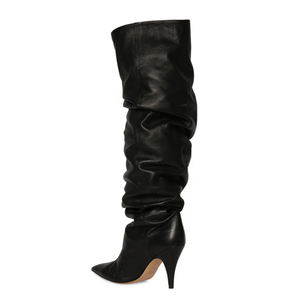 Bottes hautes plissées à talon aiguille, grande taille 46, coupe large et confortable, à bout pointu, pour femme - Product Image 4
