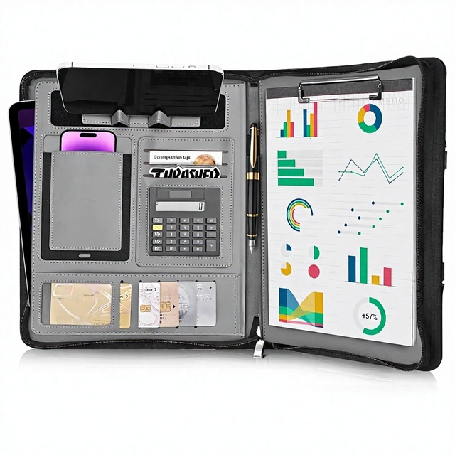 Vegan Leather Business Padfolio Portfolio Binder with Zippered Closure & Calculator-Unisex