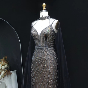 Jancember LSZ043 Arabic <b>Black</b> Nude Mermaid Evening Party Dresses With Shawl - Product Image 4