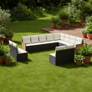Ensemble de canapés de jardin blanc crème en rotin, mobilier d'extérieur 10 places, résistant aux intempéries, design contemporain, structure en teck - Product Image 2