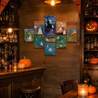 Ensemble d'art fantôme à neuf panneaux, parodie de peinture classique, impression sur toile encadrée petite taille, décoration d'Halloween mignonne et effrayante pour la maison