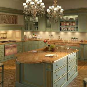 Armoires américaines rétro peintes en vert, îlot de cuisine en marbre rouge, plan de travail personnalisé avec fonctionnalité - Product Image 1