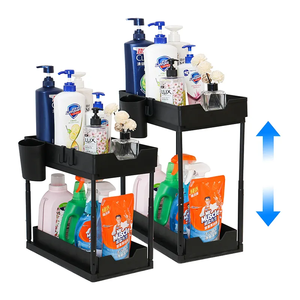 Adjustable Height 2-Tier Kitchen Storage Rack <strong>Pull</strong> <strong>Out</strong> Cabinet Organizer with Sink Hooks Cup Hanging <strong>Shelf</strong> Boxed Packaging - Product Image 1