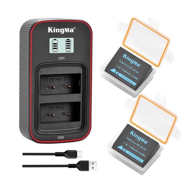 KingMa 1140mah NP-W126 Replacement Lithium-ion Digital Battery Charger Set for Fujifilm X-t1 X-e1 Xh1xt30 Xt20