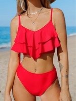 Ensemble de bikini rouge à volants pour femmes, maillot de bain deux pièces de couleur unie, haut court avec bas hipster, extensible en spandex et polyester