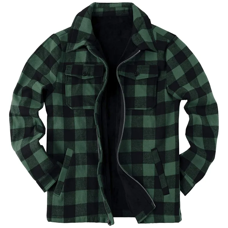 Mens Quilted Lined Button Down Plaid Flannel Shirt Thicken Jacket with Hood plus size men's jackets