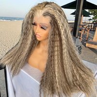 Perruque synthétique longue et droite, style kinky straight, avec dentelle frontale HD transparente, sans colle, en mélange blond, 13x4x1, effet volumineux, style Yaki