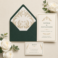 Suite d'invitations de mariage vintage de luxe, design d'enveloppe avec cygne doré, invitation de mariage personnalisée et carte RSVP assortie