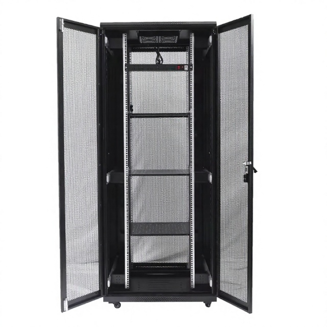 42U Data Center Server Rack Cabinet 19 Inch Standing Network Enclosure with Double Mesh Doors for High Airflow Cooling